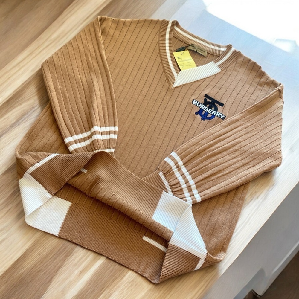Burberry Pullover V-Neck Cardigan XL Caramel Brown/White Quiet Luxury NWT - Picture 11 of 14